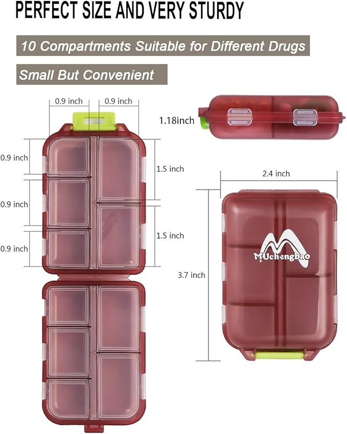 M MUchengbao Travel Pill Organizer Pocket Pharmacy ，with 3 Types of Labels 10 Compartments Small Fold Pill Box BPA-Free Daily Travel Pill Case Medicine Organizer for Store (Red)