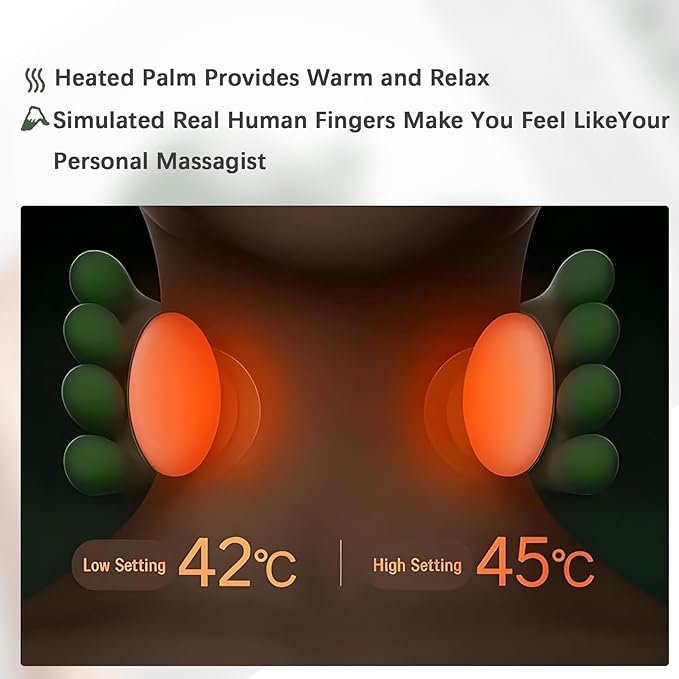 Bionic Heated Massager, Wireless Portable Shiatsu Neck and Back Massager, Electric Deep Tissue 4D Kneading Massage, Simulated Human Hand Design for Pain Relief and Muscle Relax (Green)