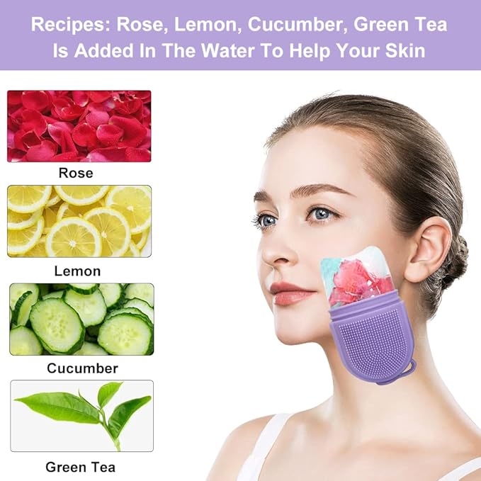 Reusable Cube Silicone Mold Ice Roller With Brush For Face Cold Therapy Facial Massage Roller (Purple)