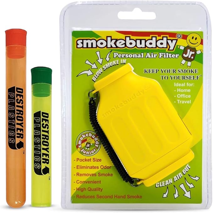 100% Authentic Smoke Buddy Bundled with Two Exclusive Destroyer Plastics Odor Proof Tubes One Large One Small (Smoke Buddy Junior, Yellow)