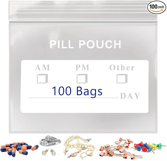 100 Packs Pill Bags BPA Free Pill Pouch 3 x 2.75'' Small Bag with Write-on Label Seal Waterproof Reusable Clear Ziplock Pill Pouches for Travel Medicine Organizer, Jewelry and Small Craft Pieces