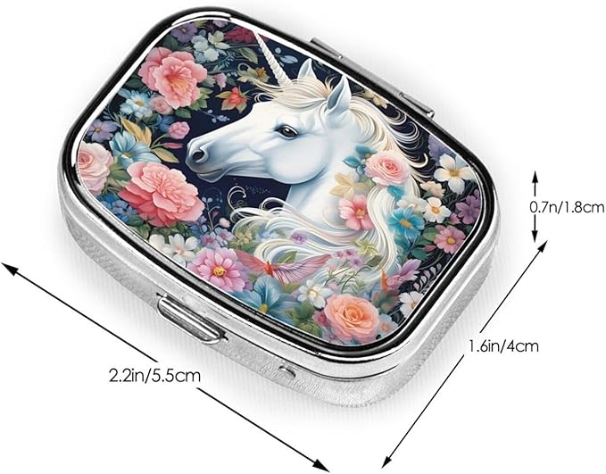 Unicorn Flower Pattern Pill Box with Mirror 2 Compartment Metal Square Small Pill Case for Purse Pocket Portable Pill Container Holder Travel Medicine Organizer for Vitamin Fish Oil Supplement