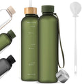 1 Pcs Slim Water Bottle 32oz, 1L Motivational Tracking Reminder Water Bottle-lightweight & Shatterproof and Stainless Steel Lid & Bamboo Straw Lid, for Travel Sports School Gym(Dark Green)