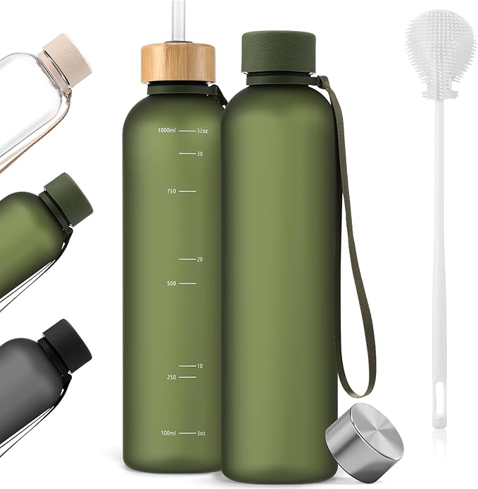 1 Pcs Slim Water Bottle 32oz, 1L Motivational Tracking Reminder Water Bottle-lightweight & Shatterproof and Stainless Steel Lid & Bamboo Straw Lid, for Travel Sports School Gym(Dark Green)