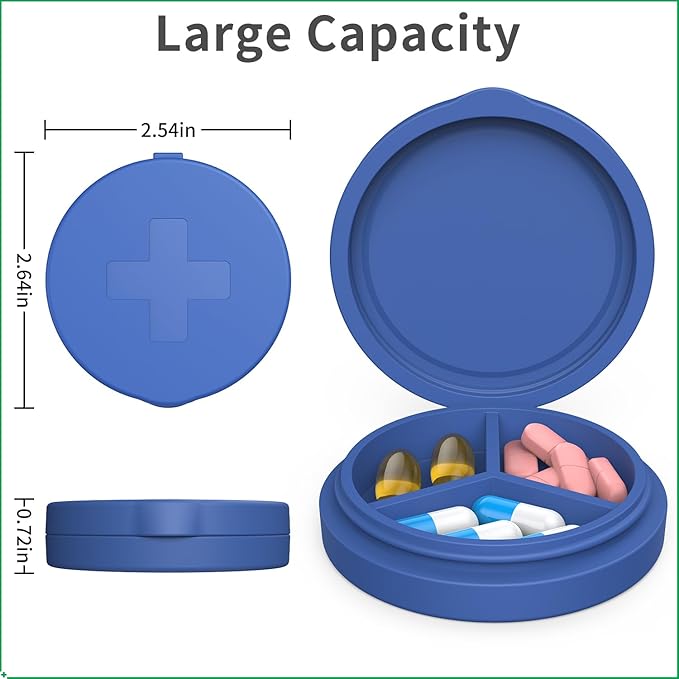 2 Pack Small Pill Box,Premium Thick Silicone 3 Compartment Travel Pill Box for Home/Desk Organizer, Portable Compact Medicine Holder for Vitamin, Cod Liver Oil, Supplement(Purple+Blue)