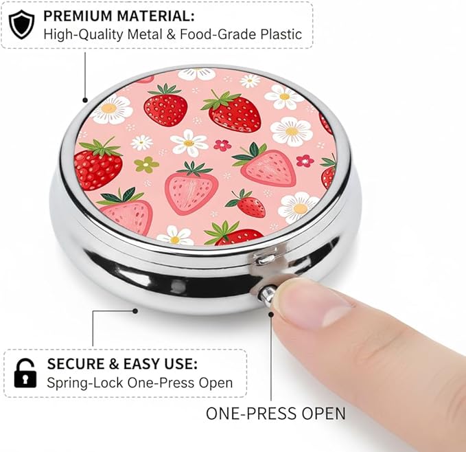 Flowers Strawberry Pill Box 3 Compartment Small Pill Case,Portable for Pocket or Purse Pill Organizer Pill Container Holder with Mirror to Hold Vitamins, Medication, Fish Oil and Supplements