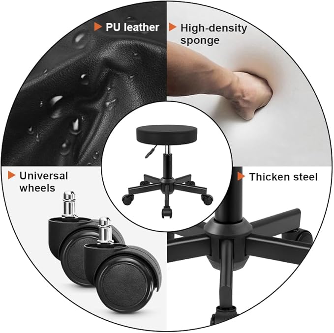 KKTONER Round Stool Rolling Stools PU Leather Height Adjustable Stool with Wheels Swivel Spa Drafting Work Chair Small (Black)