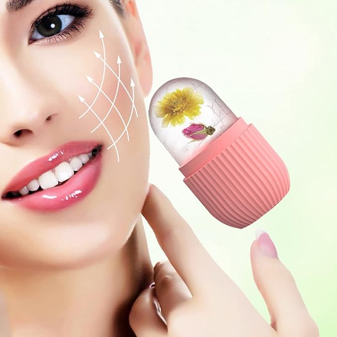 Ice Face Roller, Reusable Silicone Mold Face Massage Eye Facial Beauty Skin Care Tools Apply Ice for Shrink Pores Anti Wrinkle Reduce Puffiness Improve Skin Elasticity, Striped, Pink
