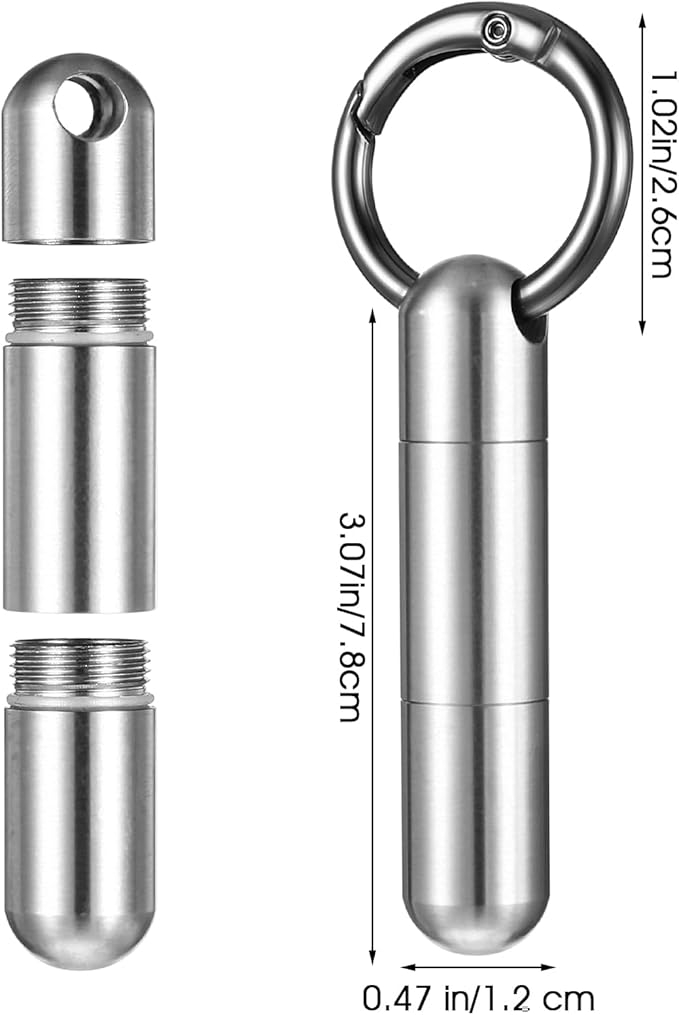 Small Pill Case Keychain Tiny Portable Pill Container Carabiner Clip Medicine Holder Bottle Mini Waterproof Metal Emergency Medicine Organizer for Travel Purse Outdoor Camping (2 Compartment)