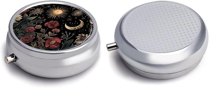 Pill Box-3 Compartment Small Pill Case, Portable Round Pill Box for Pocket or Purse, Decorative Metal Medicine Vitamin Organizer. (The Beautiful Scenes at Night)