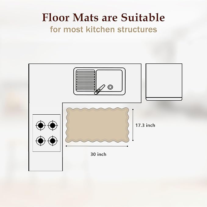 Scalloped Kitchen Mats for Floor Cushioned Anti Fatigue Kitchen Mats Rugs Waterproof Non Slip Farmhouse Boho Floral Comfort Foam Standing Mat for Sink Laundry, White, 17.3x30