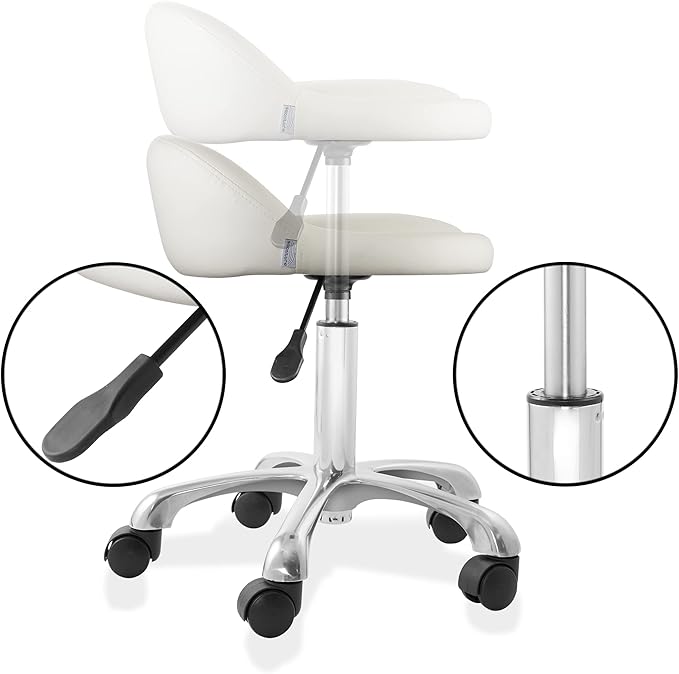 Saloniture Rolling Hydraulic Salon Stool with Low Backrest - Adjustable Swivel Chair for Spa, Shop, Salon, Massage, or Medical Office, Cream