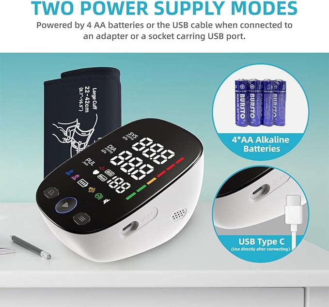 Upper Arm Electronic Blood Pressure Monitor, Adjustable Wide Range Cuff 8.5''-16.5'', Blood Pressure Monitor for Home Travel Use, Large LED Digital Display with 2×120 Memory