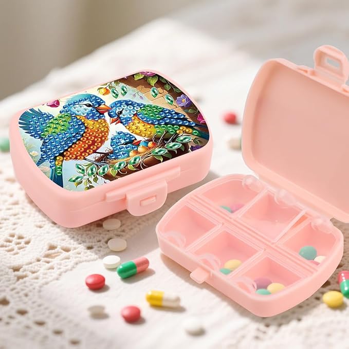 C'eitura 2pcs DIY Colorful Bird Diamond Art Painting Pink Pill Organizer with 6 Lid Detachable Compartments, Fun DIY Craft Project for Adults, Elegant Pill Case for Purse & Travel