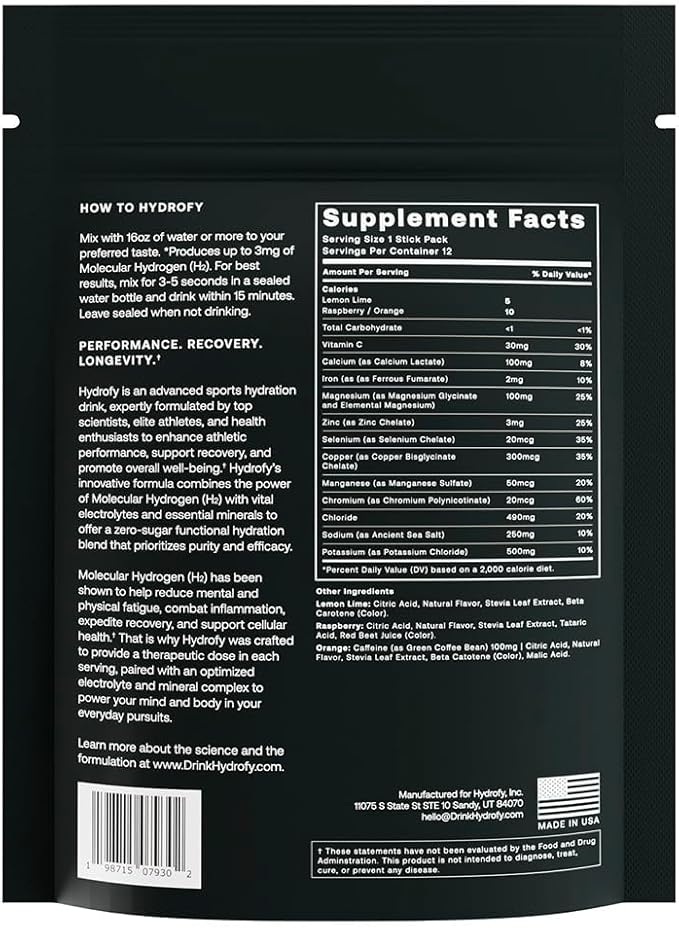Hydrofy Hydrogen Water + Electrolytes Drink Mix - Variety Pack | H2 Hydration Packets with Molecular Hydrogen, Sodium, Potassium, Magnesium | Lemon Lime, Raspberry, Orange + Caffeine | 12 Count