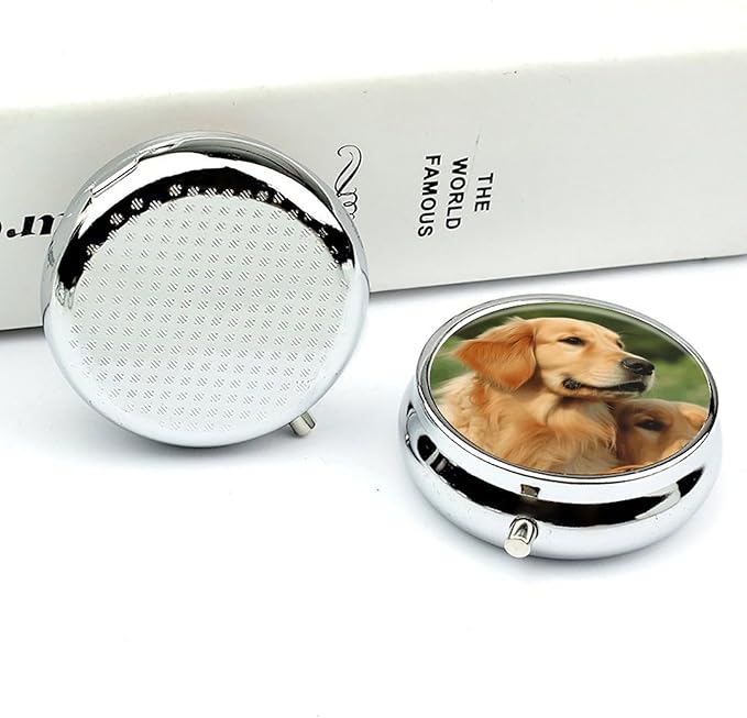 Dog Golden Retriever Travel Pill Box Case 3 Compartment Cute Pill Organizer Metal Pill Holder with Mirror Small Medicine Organizer Daily Pill Container for Purse Pocket Portable Meds Box