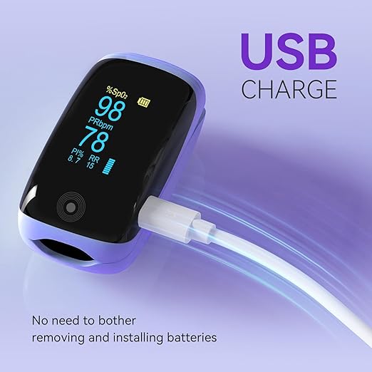 Rechargeable pulse oximeter with respiration, with SpO2 Pulse Rate and PI RR Precision Fast Oximeter SpO2 Reading Outdoor Sports Home (Purple)