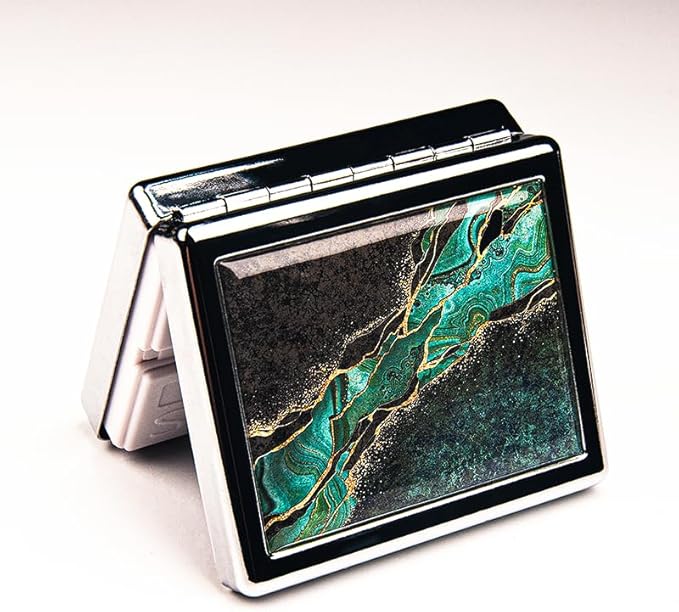 Black Green Marbel 7 Days Chromed Shiny Silver Pill Organizer with Mirror Inside Has 8 Separate Compartments Rectangle 7 Days Pill Box Pill Case