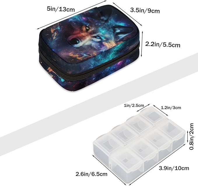 Wolf Galaxy Nebula Pill Case Travel Pill Organizer Weekly 7 Day Portable with Zipper Medicine Box Pill Case for Vitamins, Birth Control,Fish Oils,Medication, Supplements