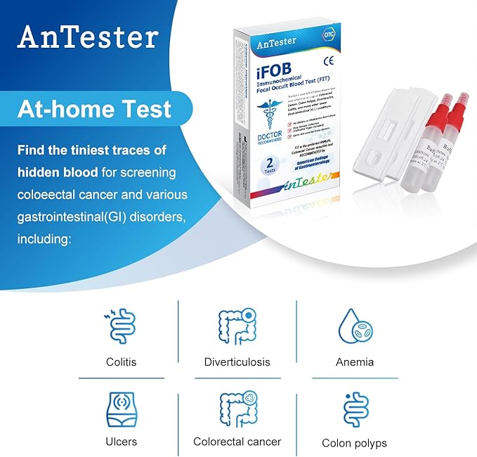 2 Test Colorectal Cancer Screening (FOB) Test Kit - Easy-to-Use at-Home Fecal Occult Blood Test for Early Detection - Convenient and Reliable Colorectal Cancer Screening Tool