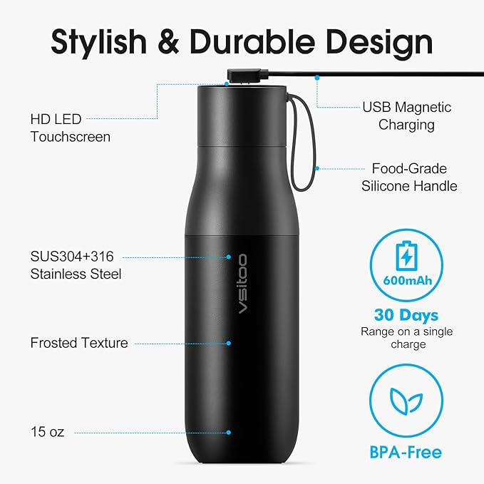 VSITOO 15oz Mini Smart Water Bottle，Self-Cleaning Insulated Bottle, Small Thermoses with AI, App & Touchscreen, Perfect Purse Water Bottle for Travel, Gym & Office, Black