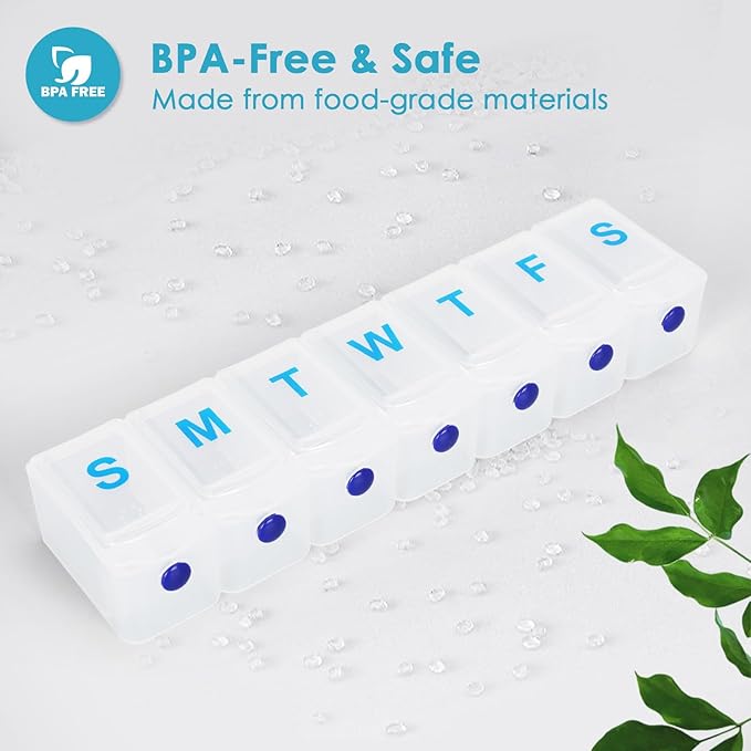 Extra Large Weekly Pill Organizer 1 Time a Day, Travel Pill Box 7 Day, Portable Pill Case with Push Button, Daily Pill Dispenser for Medication Vitamins Fish Oil Supplements
