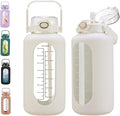 74 oz Glass Water Bolttles with Straw Large Motivational Water Bottle with Time Marker Sports Water Bottles with Silicone Sleeve and Handle Lid 2.2L Water Jug for Gym Workout