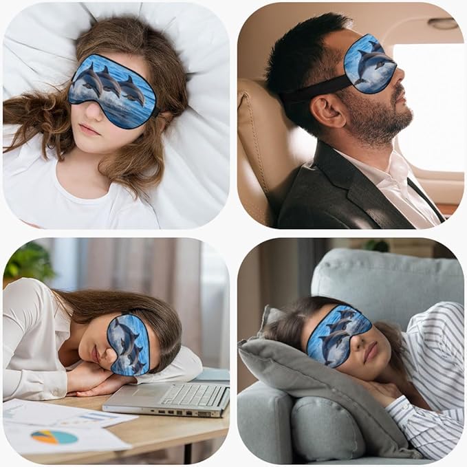 Dolphin Family Silk Eye Mask Sleep Mask Cartoon Whale Clear Blue Waters Ocean Sea Marine Life Eye Mask with Adjustable Strap Lightweight for Women Work Travel Night Sleep