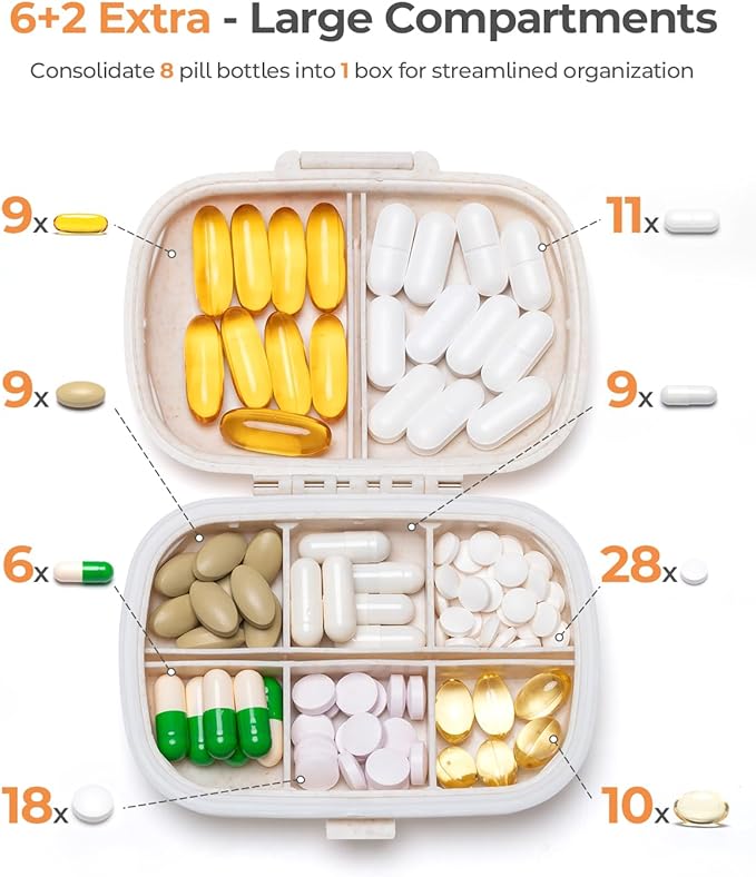 Travel Pill Organizer, 6+2 Extra Large Compartments Portable Pill Case, Daily Pill Box to Hold Vitamins, Small Pill Container for Pocket Purse Medicine Organizer（Beige）