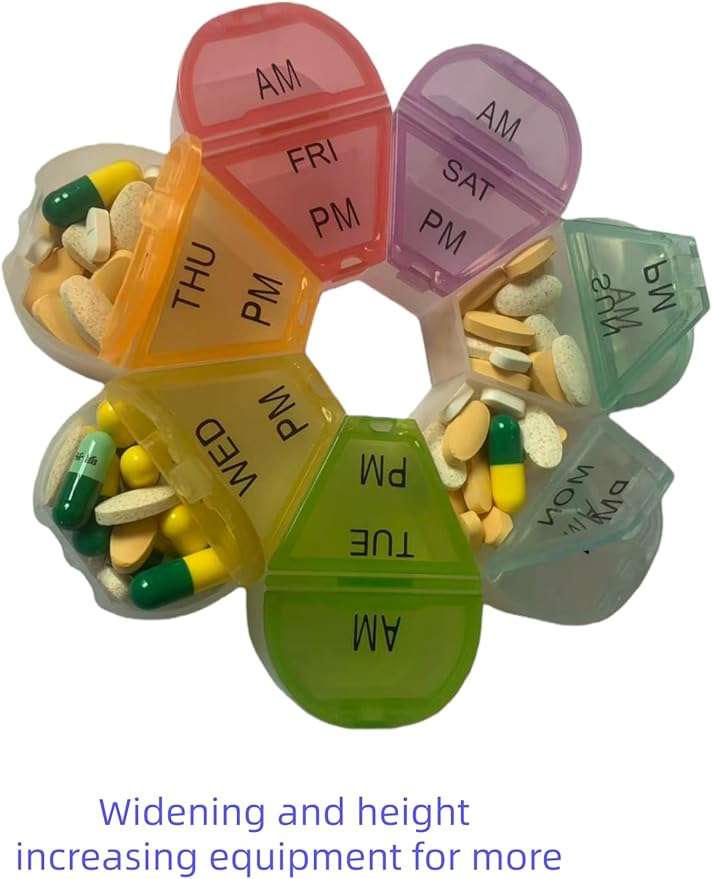 Cute 7 Day AM PM Pill Organizer, Twice a Day Weekly Pill Box with 7 Color Coded Compartments, Flower Shape Portable Travel Pill Case for Vitamins, Supplements and Medications (Multicolor, Large)