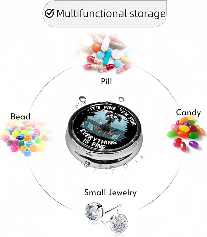 3 Compartment Travel Pill Case, Sealed Portable Pill Container Mini Size Metal Pill Box for Pocket Purse, Three Times a Day Pill Organizer for Children, Men and Women - Dog Everything is Fine