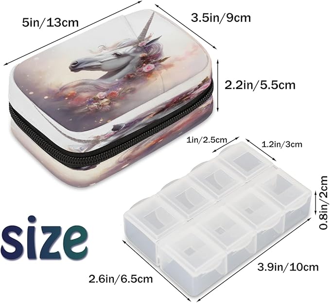 Animal Unicorn Pink Flowers Travel Pill Organizer Box Weekly Portable Pill Case Daily Pills 7 Day Small Birth Control Pills Container Removable Compartments for Medicine Vitamins Fish Oil