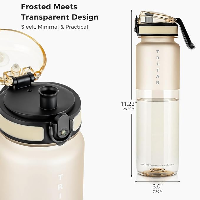32oz Water Bottle with Chug Lid, Frosted & Clear Tritan BPA-Free, Leakproof, Wide Mouth, Portable Sports Water Bottle for Gym, Office, Travel, Outdoor (Beige)