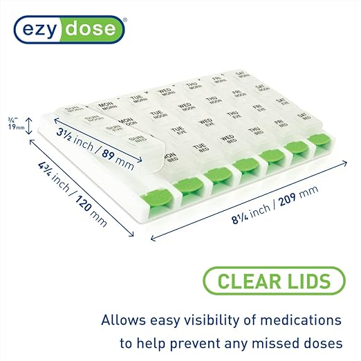EZY DOSE Weekly (7 Day) 4 Times a Day Push Button Pill Organizer and Vitamin Planner, Removable Daily Pillboxes, Green, Convenient and Easy to Use, Clear Lids, Large, BPA Free