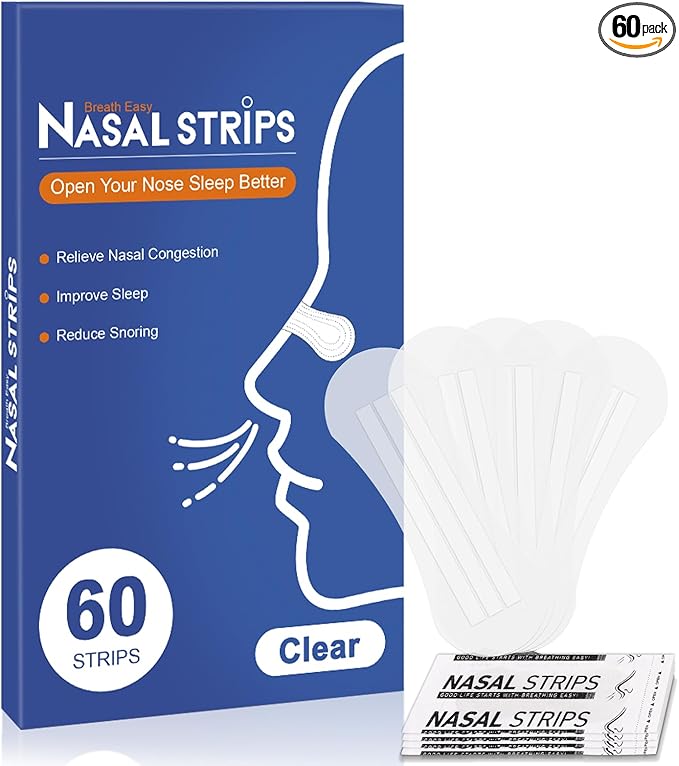 Nasal Strips for Snoring - Extra Strength Nose Strips for Breathing (60 ct), Clear Nose Tape for Sleeping and Sports, Nasal Congestion Relief, Oil & Sweat Proof