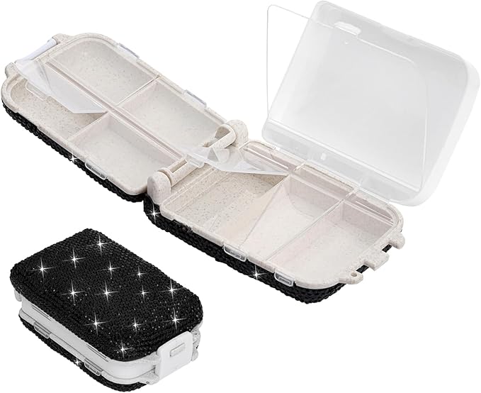 Soleebee Portable 8 Compartments Daily Pill Organizer, Bling Crystal Pill Box Case, Small Travel Pill Planner, Pill Dispenser, Medicine Container Organizer to Hold Vitamin, Fish Oil (Black)