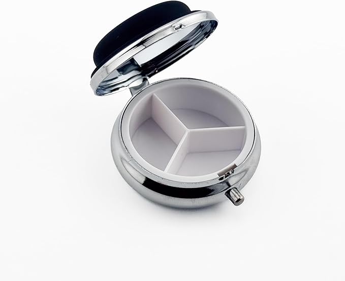 Portable Pill Organizer with AirTag Holder | Metal & Plastic Construction Case | Three Compartments Durable Case | Container Dispenser Holder for Medicine | Silver, Black - Travel Size