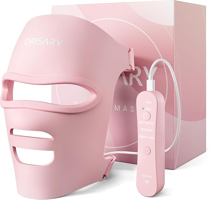 Red Light Mask, Silicone Cordless Led Mask with 368 Chips 2000mAh Rechargeable 3 Modes & Timer, Blue Light Infrared Face Mask Home Travel Working, Pink