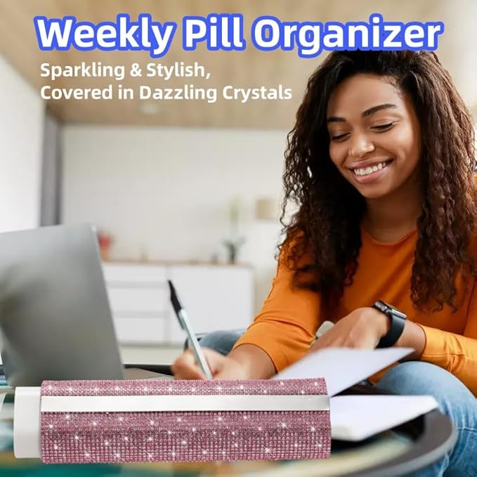 Pill Case for Purse Bling 7-Day Pill Organizer Weekly Compact Medicine Containers Travel Medication Box Holder for Traveling Women(Pink)