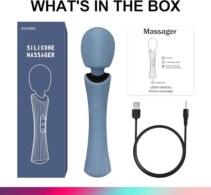 Wand Massager - 12 Vibration Modes & 3 Speeds Cordless Personal Massager - IPX7 Waterproof Handheld Electric Massager for Muscle Recovery & Stress Relief - 7.9" Rose Blue