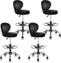 Leather Drafting Stool Chair Padded Seat 360° Swivel Rolling Stools Adjustable Height with Ergonomic Backrest and Footrest, Tall Office Chair for Standing Desk, Studio, Labs, Black, 4 Pack