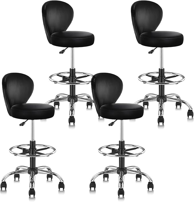Leather Drafting Stool Chair Padded Seat 360° Swivel Rolling Stools Adjustable Height with Ergonomic Backrest and Footrest, Tall Office Chair for Standing Desk, Studio, Labs, Black, 4 Pack