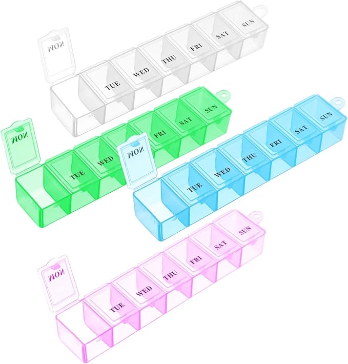 Weekly Pill Organizer,4Pcs 7 Day Pill Case Daily Vitamin Case Medicine Box Portable Medicine Organizer with Compartment 4 Colors AM PM Pill Containers for Medicine Supplements Fish Oil