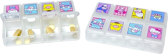 Kawaii Character Travel Pill and Accessories Organizer - Kitty, Cinnamo-roll, Little Twin Stars, and My Melody Pocket-Size (8 Poket Case x 2 Pack)