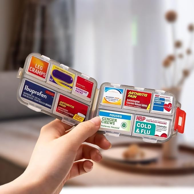 Compact Med Mate with DIY Labels Travel-Friendly Medication Wallet with Pocket-Sized Pill Compartments Pill Case with Lables(Blue)