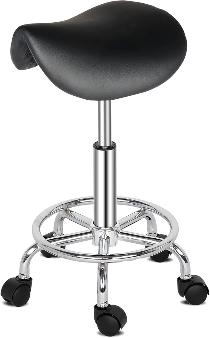 Round Rolling Bar Stool PU Leather with Wheels and Foot Rest, Height Adjustable Task Work Chair for Salon Spa Office Chairs