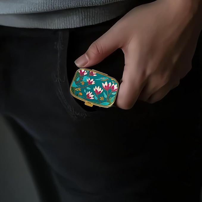 Small Pill Box Pill Case with Mirror Retro Pocket 2 Compartment Pill Holder for Purse or Pocket Bronze Portable Medicine Vitamin Container Fish Oil and Supplement Storage BPA-Free(Line Art Flowers)