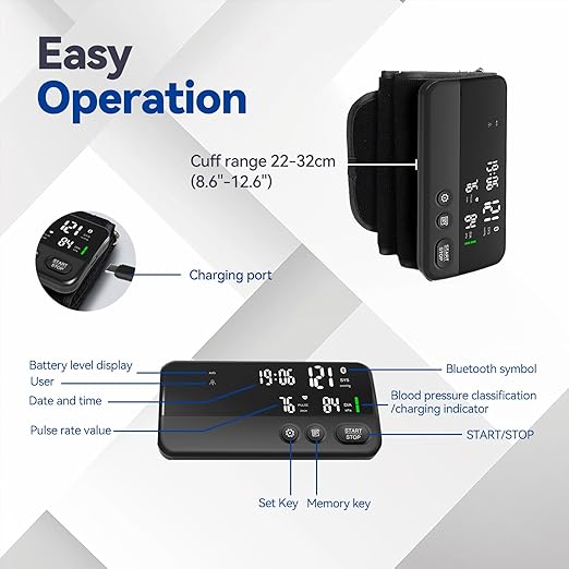 Wireless Blood Pressure Monitor Upper Arm Bluetooth Blood Pressure Machine, Ultralight Portable Rechargeable Blood Pressure Monitor, App Enabled iOS/Android BP Machine Cuff