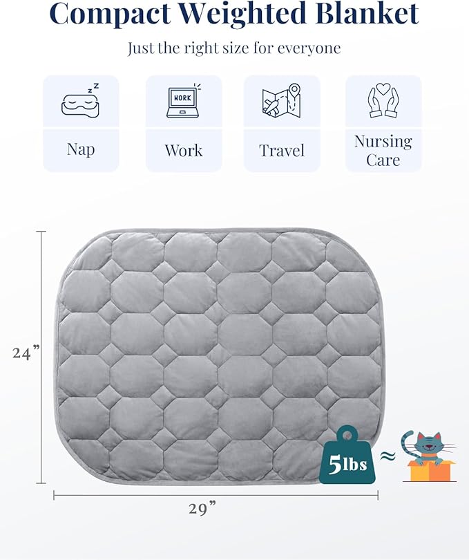 Kivik Weighted Lap Blanket 5 lbs for Adults, Small Weighted Lap Pads, Washable Weighted Lap Pad, Washable Mini Heavy Travel Blankets for Calming & Relaxing, Portable & Breathable 24"x29", Grey