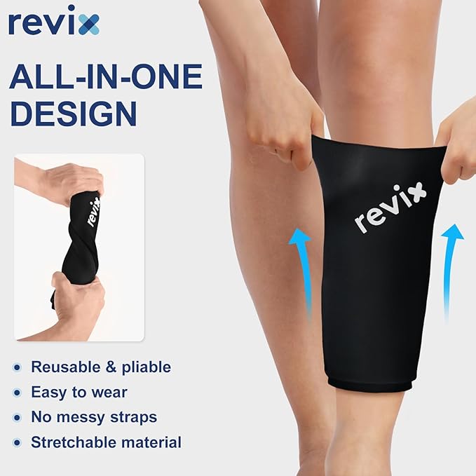 REVIX Calf Compression Sleeve for Shin Splint Relief, Ice Pack for Knee, Arm & Elbow Discomfort, Soft Ice Packs Reusable for Post-Workout Recovery, Hot and Cold Pack with 360° Full Coverage, 2 Packs